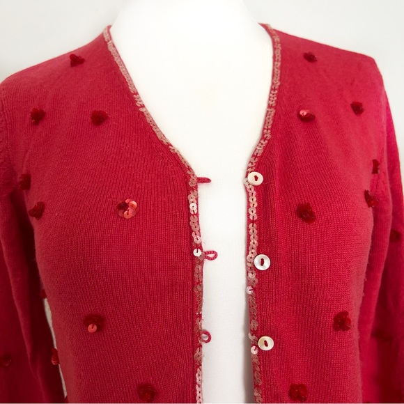SILK AUGUST SILK CASHMERE SILK BLEND BEADED SEQUIN BUTTON UP SWEATER SIFT RED… - Picture 6 of 17